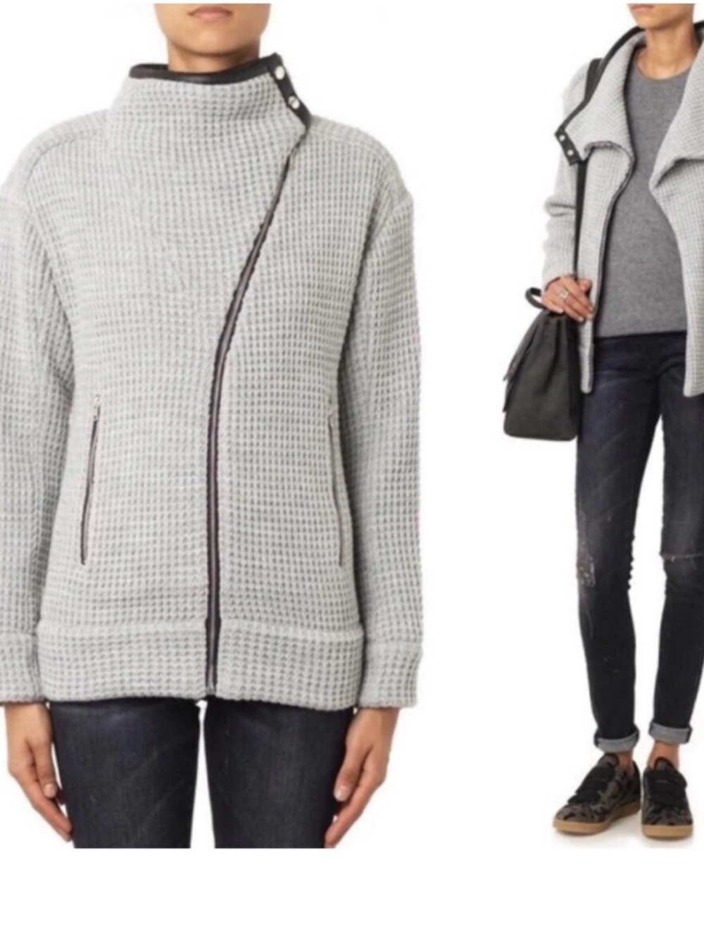 IRO Light Gray Waffle Knit Asymmetric Zip Jacket